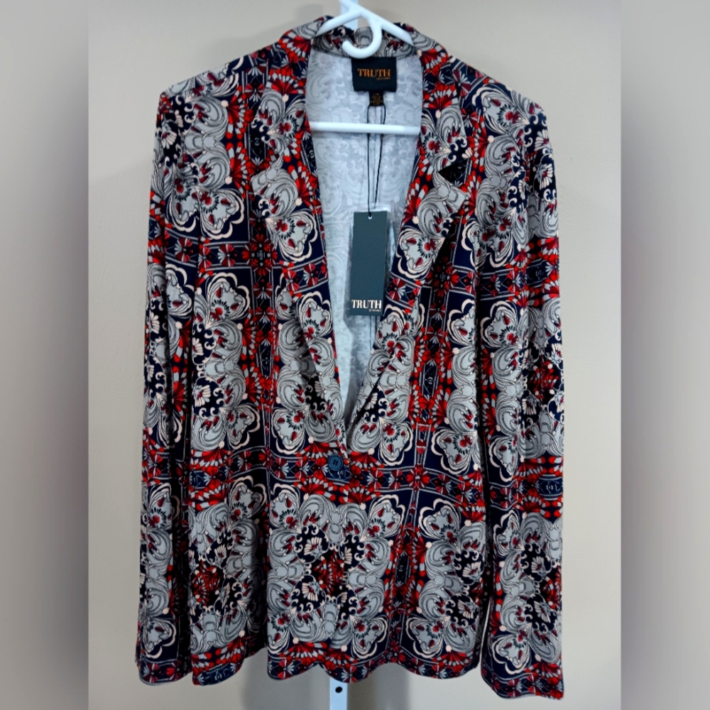 Truth By Republic Women's (Size L) Red Gray Print Button Style Blazer (NWT)